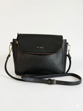 KIKO LEATHER Black Pebbled Leather Foldover Crossbody Bag Minimalist